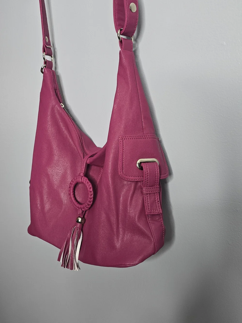 NWT Magenta Faux Leather Ring Tassel Hobo Shoulder Bag